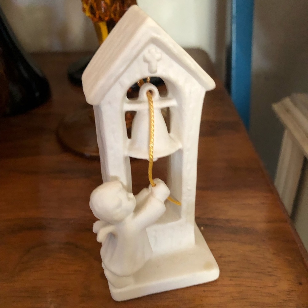 Vintage Goebel White Bisque Porcelain Angel w Bell Figurine